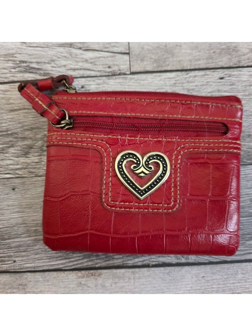 Buxton Red Croc Embossed Leather Coin Purse With Heart Accent & ID Window